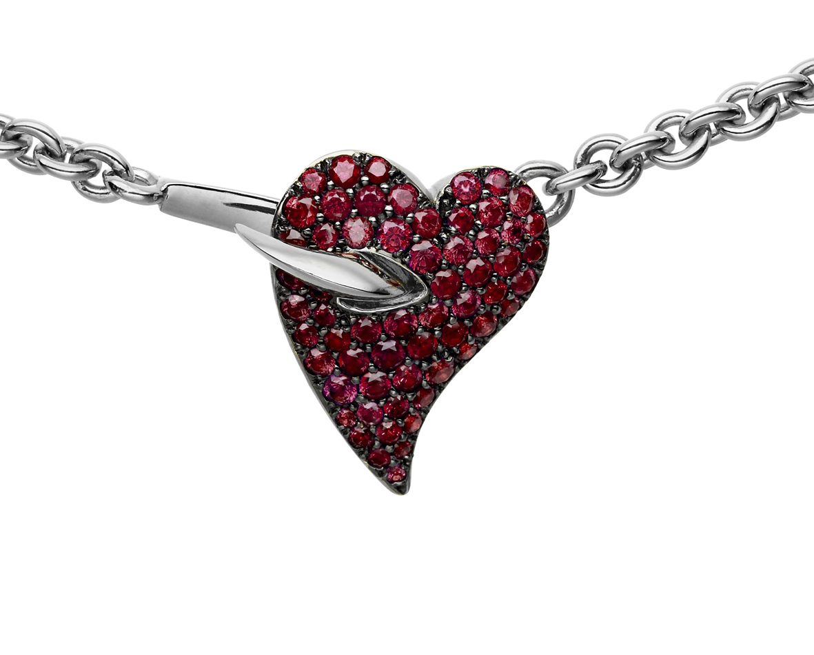 SILVER AND RED TOPAZ HOOK MY HEART NECKLACE