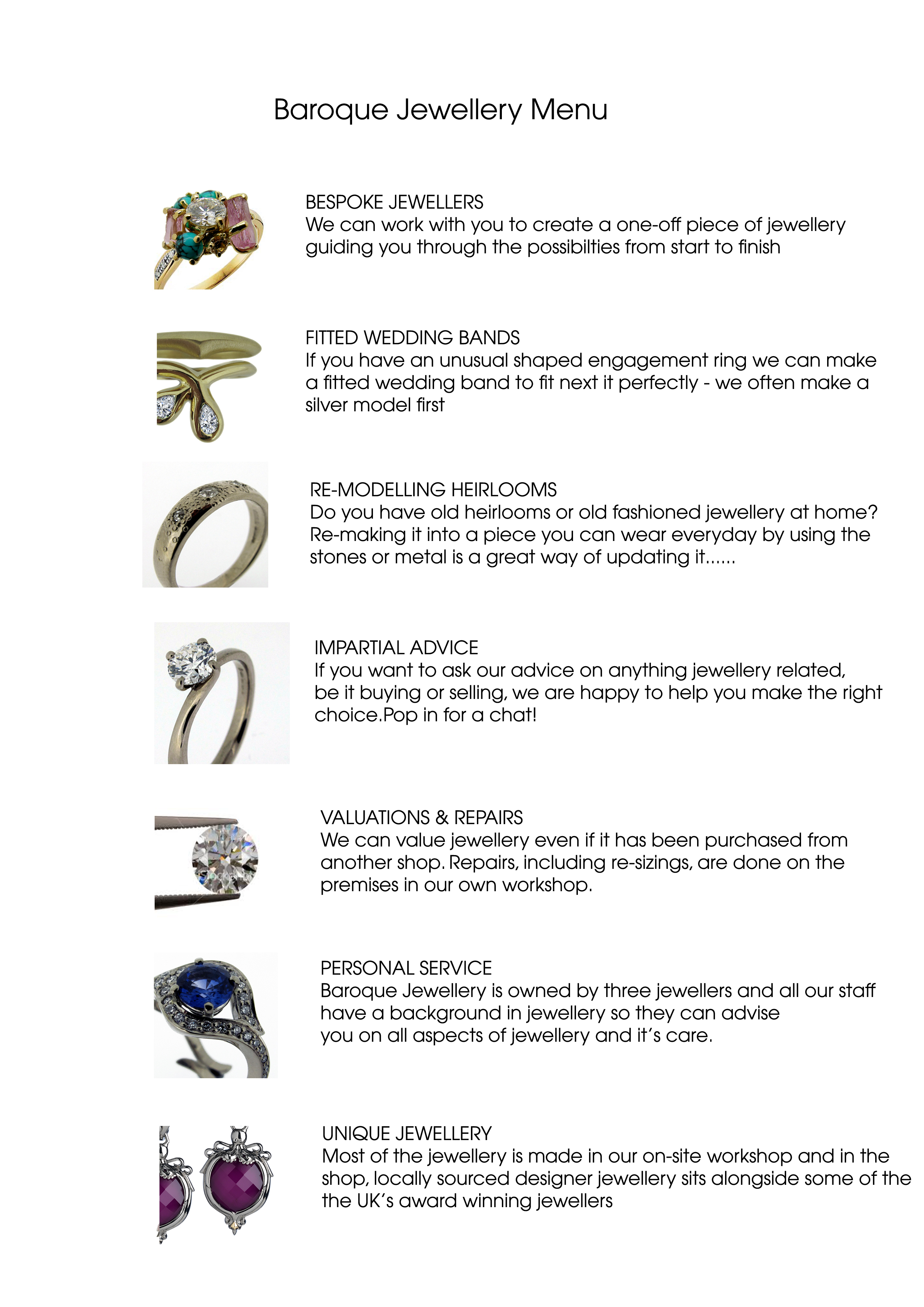 Baroque Jewellery Menu of what services we offer in the shop