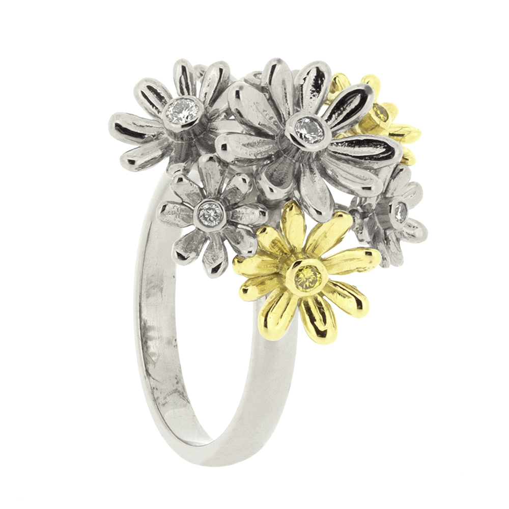 18ct Gold, White & Yellow Diamond Daisy Cluster Ring Baroque Bespoke