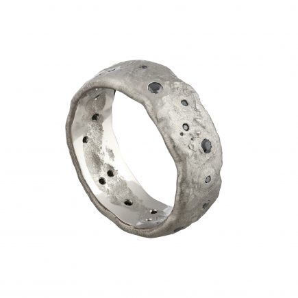 18ct white gold extra wide Molten wedding ring flush-set with black diamonds