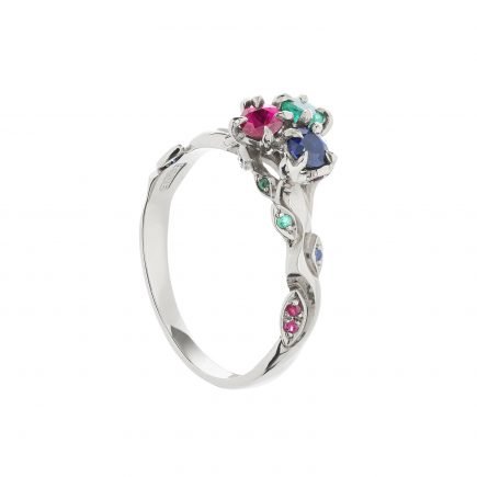 18ct white gold emerald, ruby and sapphire cluster Rose and Thorn engagement ring