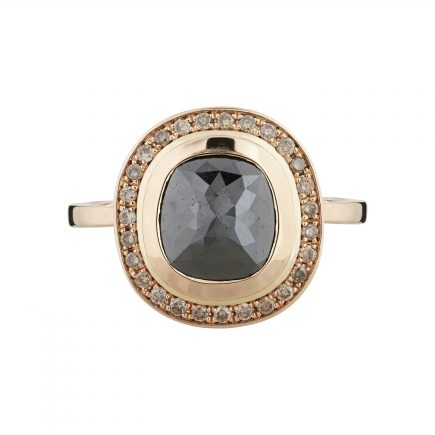 18ct rose gold and rose-cut black diamond and champagne diamond Halo ring