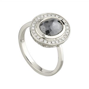 18ct white gold and black rose-cut diamond and white diamond halo ring