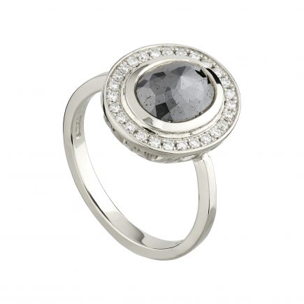 18ct white gold and black rose-cut diamond and white diamond halo ring