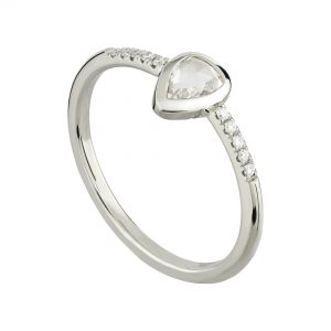 18ct white gold and pear shaped rose-cut diamond engagement ring