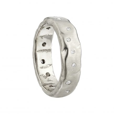 18ct White Gold Wide Molten Ring Scattered With White Diamonds
