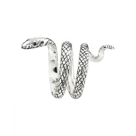 Silver coiled snake ring with ruby-set eyes