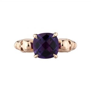 9ct rose gold and Amethyst double-skull ring