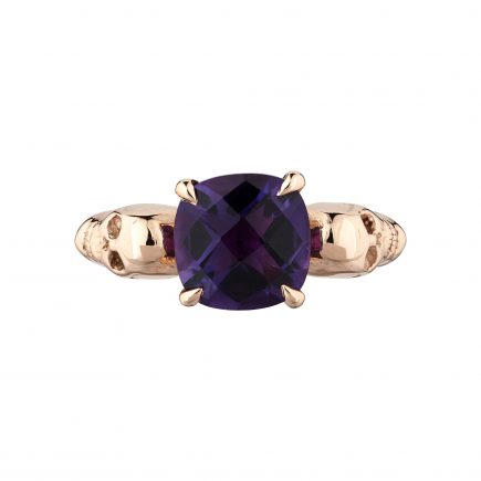 9ct rose gold and Amethyst double-skull ring