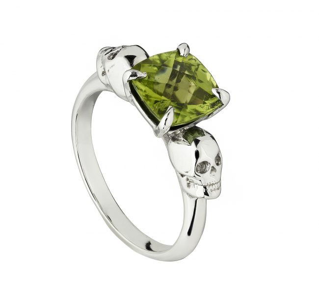 9ct white gold and peridot double skull ring