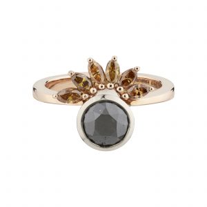 Limited edition 18ct rose gold, black and orange marquise diamond Sun-ray ring