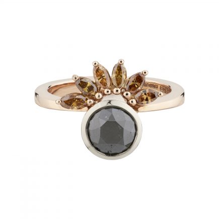 Limited edition 18ct rose gold, black and orange marquise diamond Sun-ray ring
