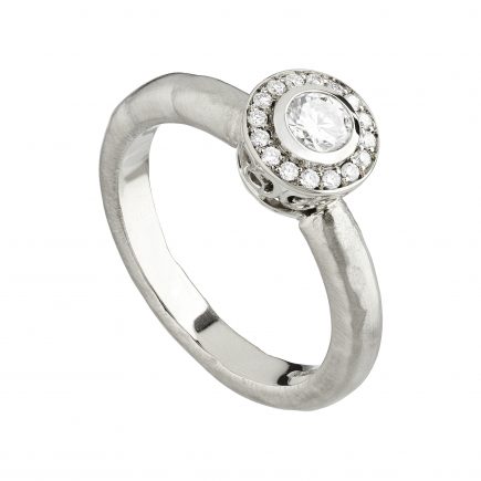 18ct and white diamond Molten filligree Halo engagement ring