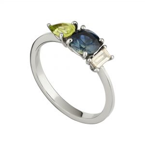 18ct white gold sapphire, diamond and peridot trilogy ring
