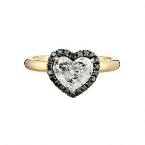 18ct yellow gold and 1.26ct heart shaped diamond engagement ring with black diamond halo