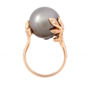 18ct rose gold and Tahitian pearl ring with champagne diamonds