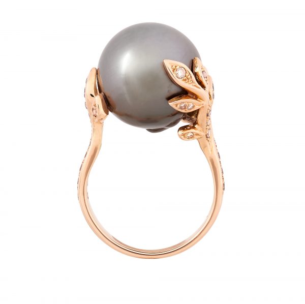 18ct rose gold and Tahitian pearl ring with champagne diamonds