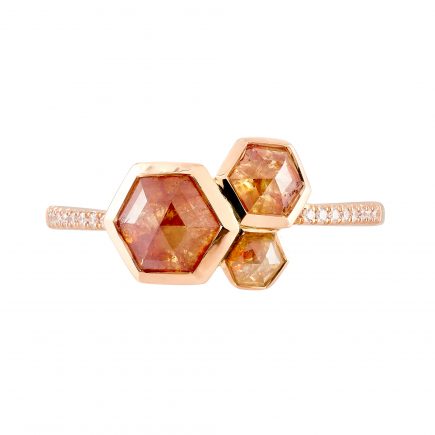 18ct rose gold and Hexagon orange rose-cut diamond cluster trilogy ring with white diamond-set shoulders