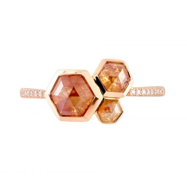18ct rose gold and Hexagon orange rose-cut diamond cluster trilogy ring with white diamond-set shoulders