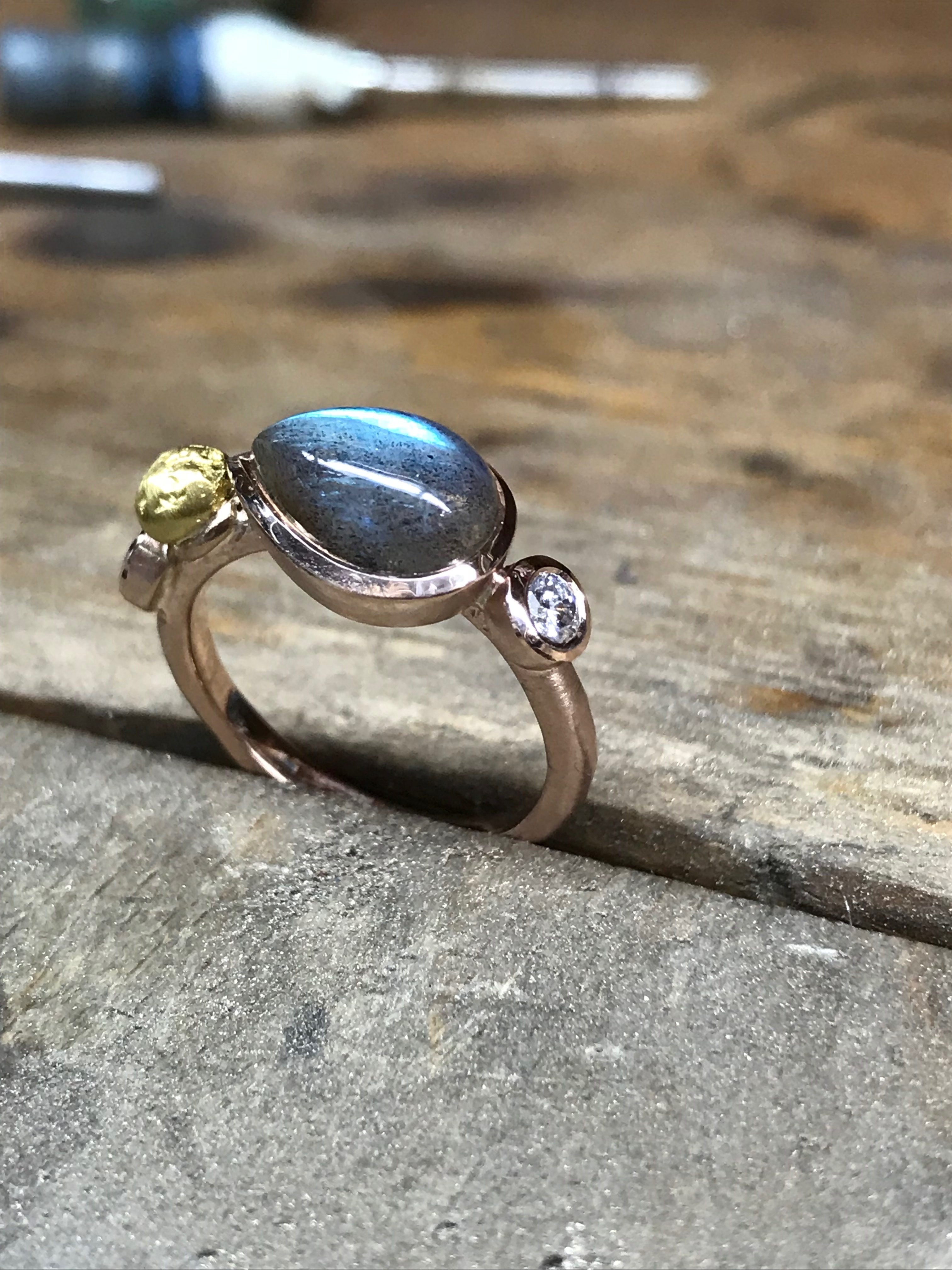 Bespoke Labradorite, diamond and gold nugget ring