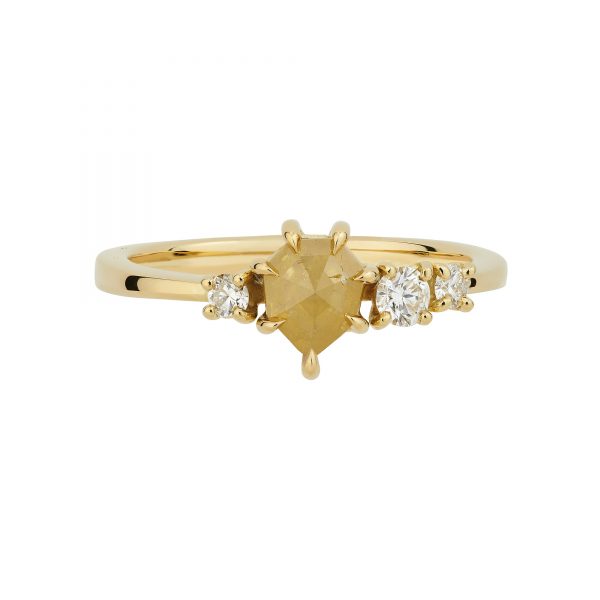18ct yellow gold and yellow shield shaped rustic diamond engagement ring