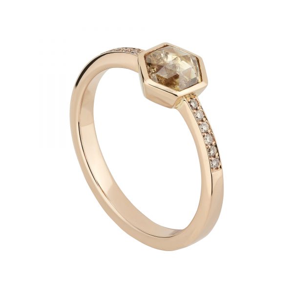 Hexagon rose-cut champagne diamond solitaire in 18ct rose gold and diamond-set shoulders