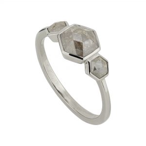 Grey diamond Hexagon Trilogy engagement ring in 18ct white gold