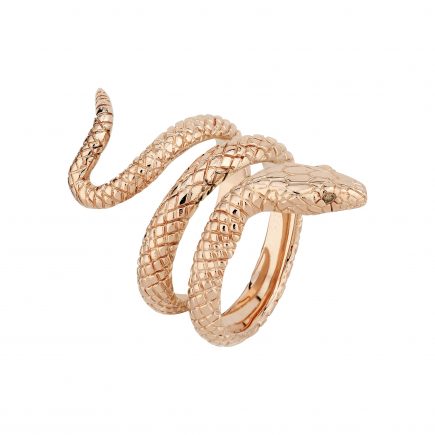 9ct rose gold coiled snake ring with champagne diamond-set eyes