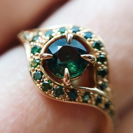 18ct Rose Gold, Round Green Sapphire and Green Diamond Atlantis Ring