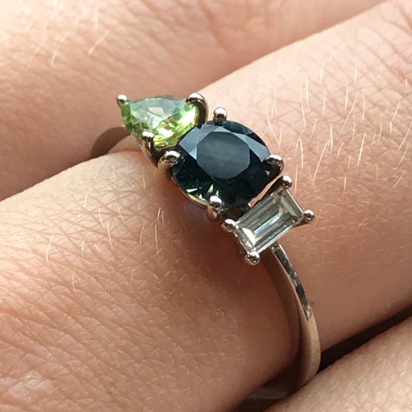 18ct white gold sapphire, diamond and peridot Limited Edition trilogy ring