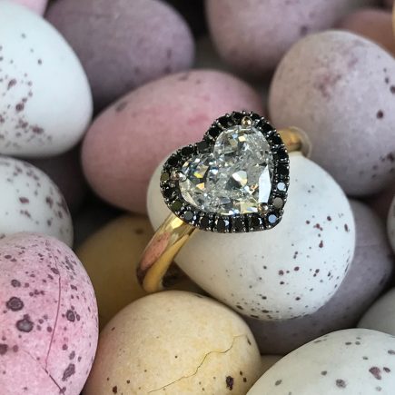 18ct yellow gold and heart shaped diamond ring black halo
