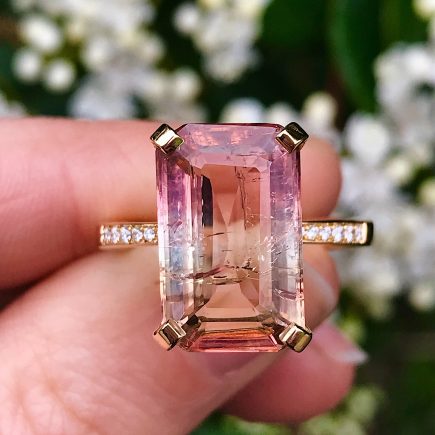 18ct yellow gold emerald-cut sunset tourmaline ring white diamonds