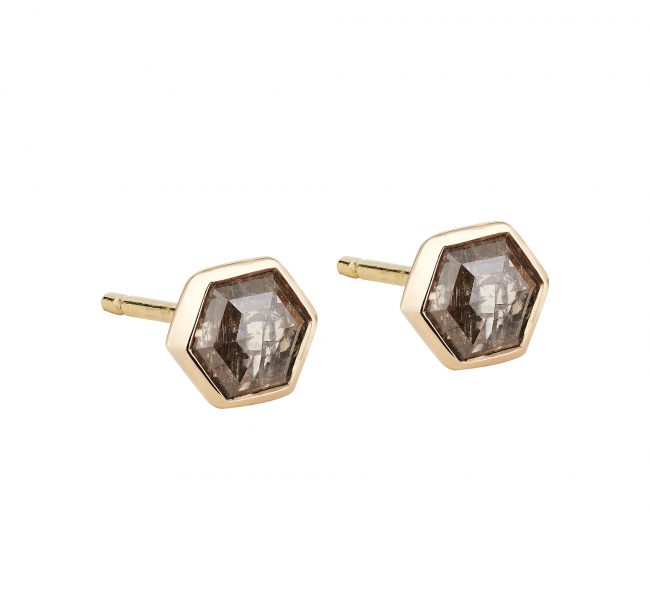 18ct rose gold and champagne hexagon diamond stud earrings