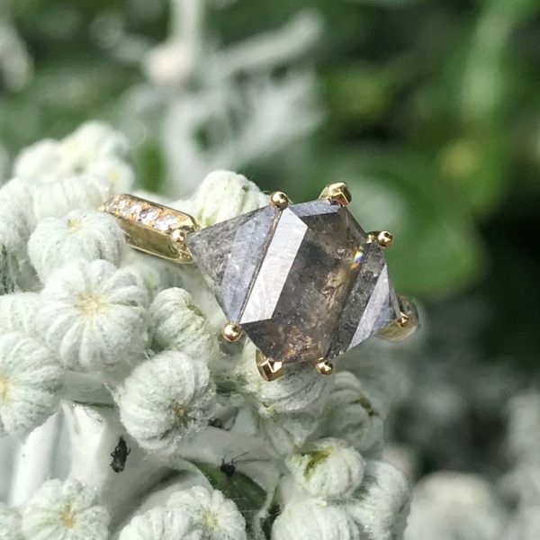 18ct yellow gold Triple Deco rose-cut salt and pepper engagement ring