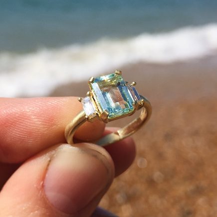 18ct yellow gold emerald-cut Beryl and diamond Deco engagement ring