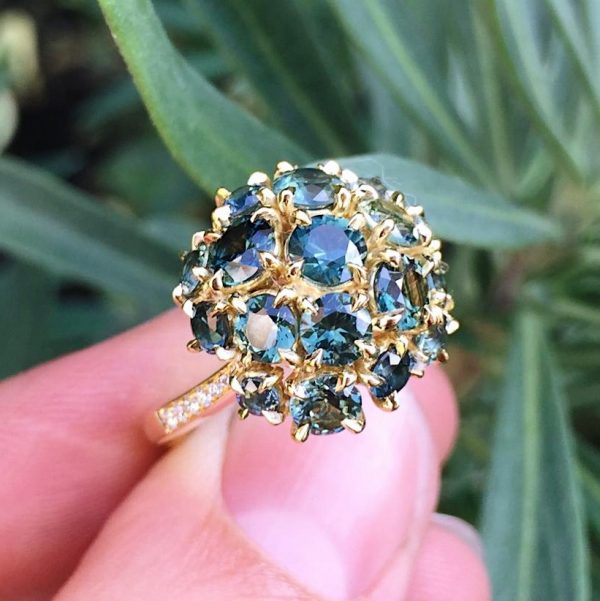18ct yellow gold and Australian Parti-sapphire maxi cluster ring