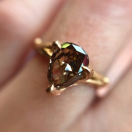 18ct rose gold and pear shaped cognac diamond Woodland engagement ring