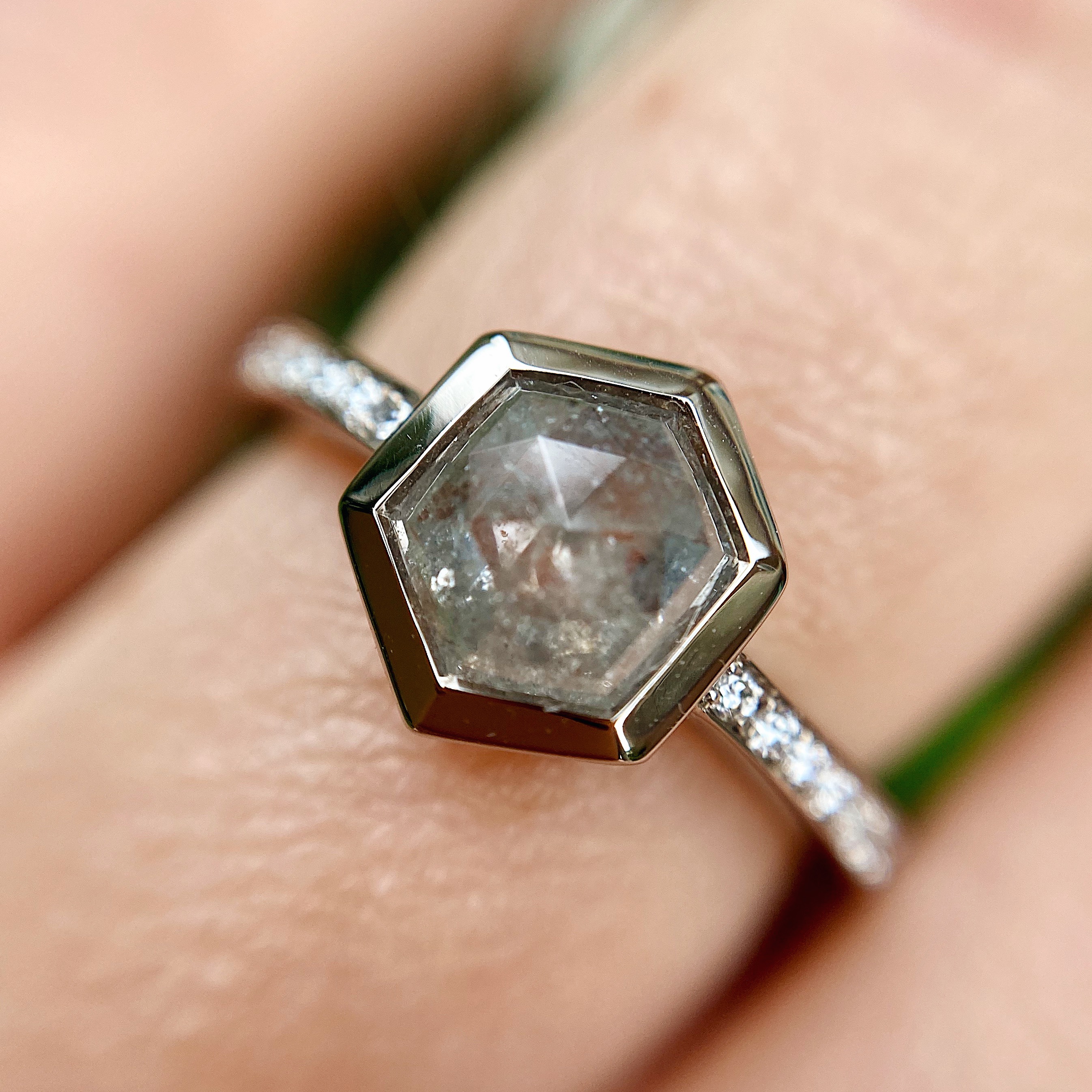 18ct white gold hexagon salt and pepper diamond ring Baroque Bespoke