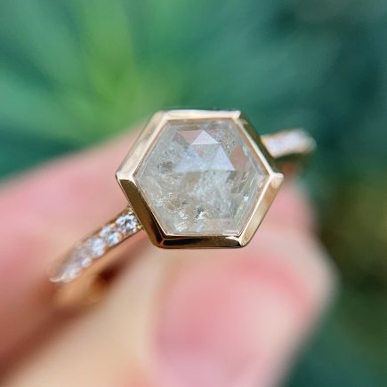 Hexagon rose-cut diamond solitaire in 18ct rose gold and diamond-set shoulders