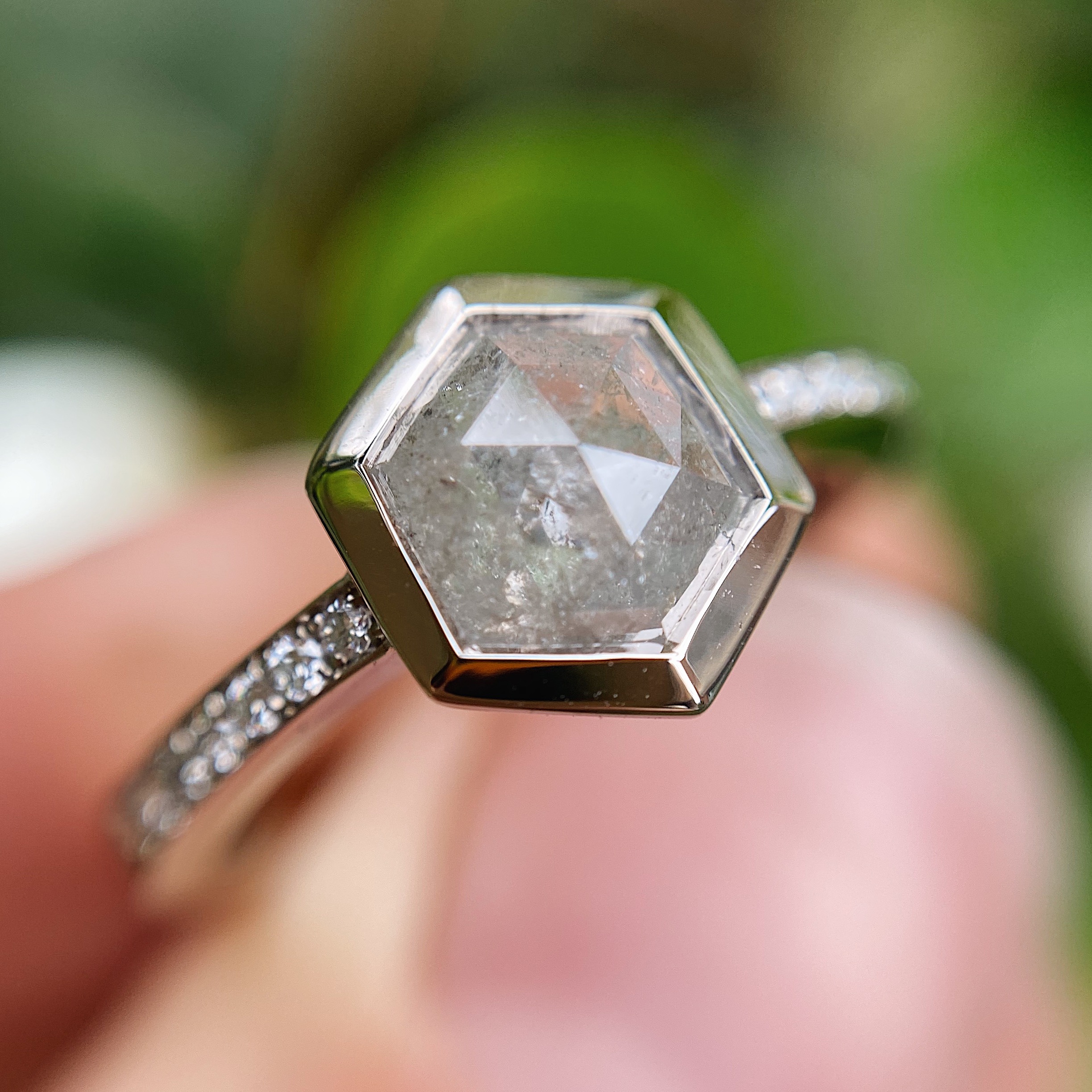 18ct white gold hexagon salt and pepper diamond ring Baroque Bespoke Jewellery