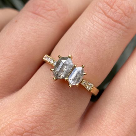 18ct yellow gold double hexagon rustic diamond engagement ring