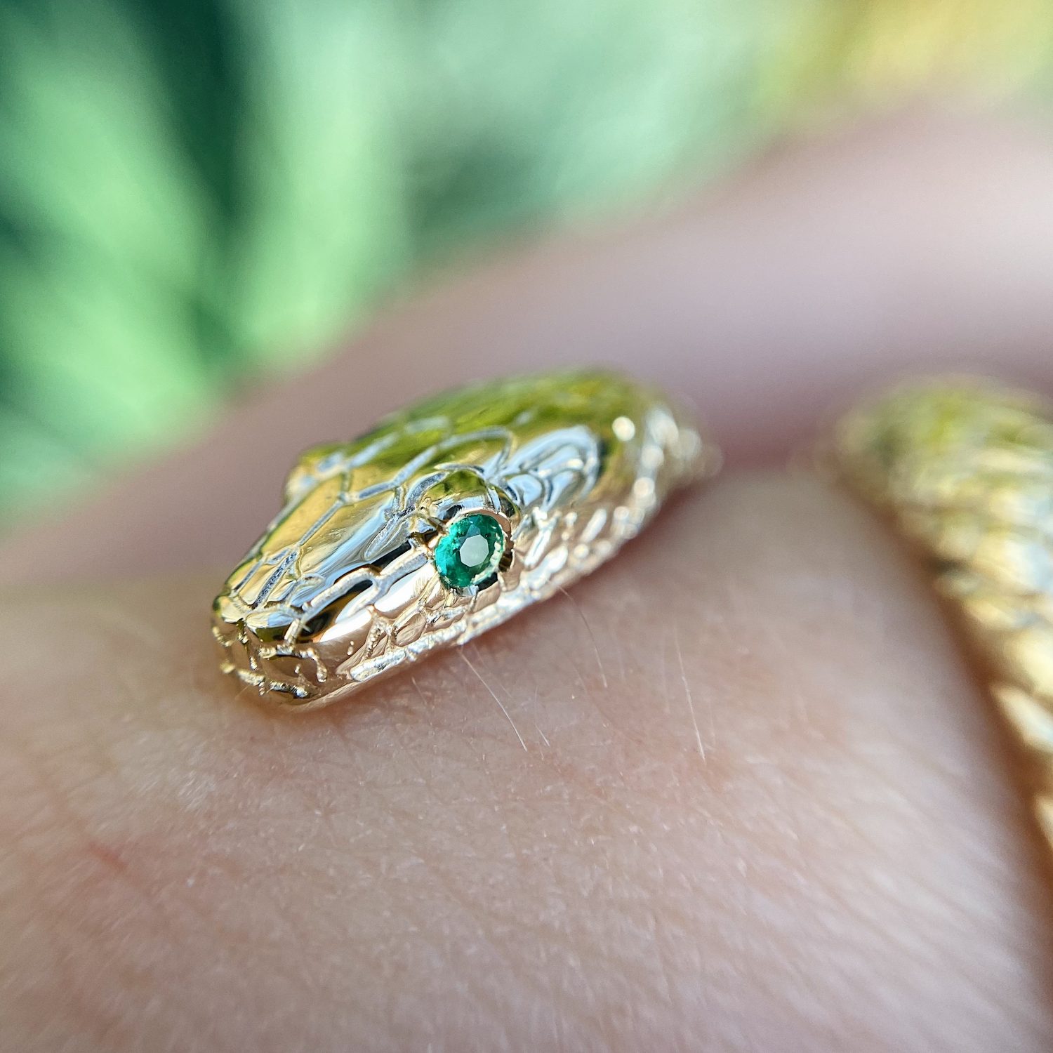 9ct yellow gold snake ring with emeraldset eyes Baroque Bespoke
