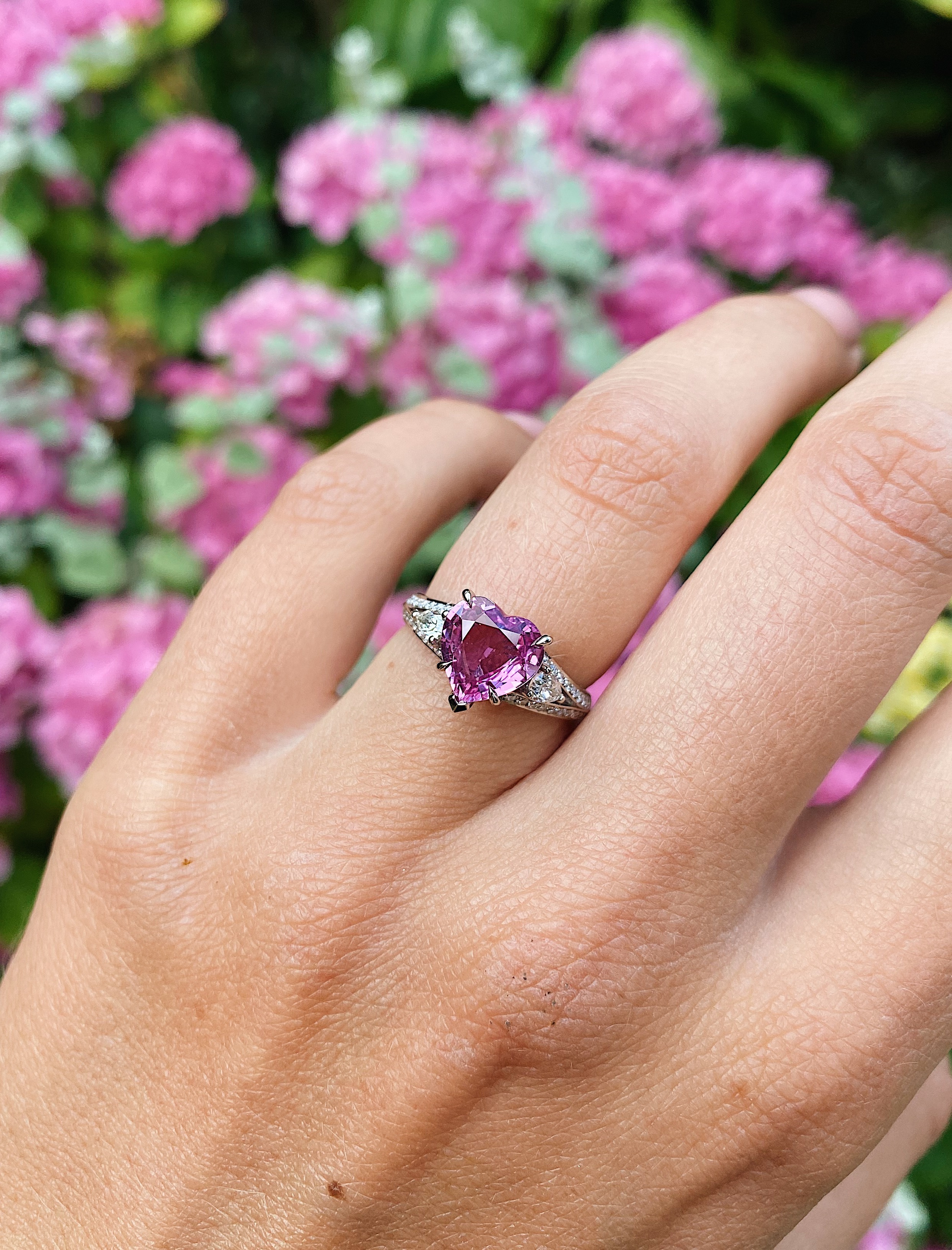 18ct White Gold Pink Sapphire Heart Ring With Diamond Shoulder Detail Baroque Bespoke Jewellery
