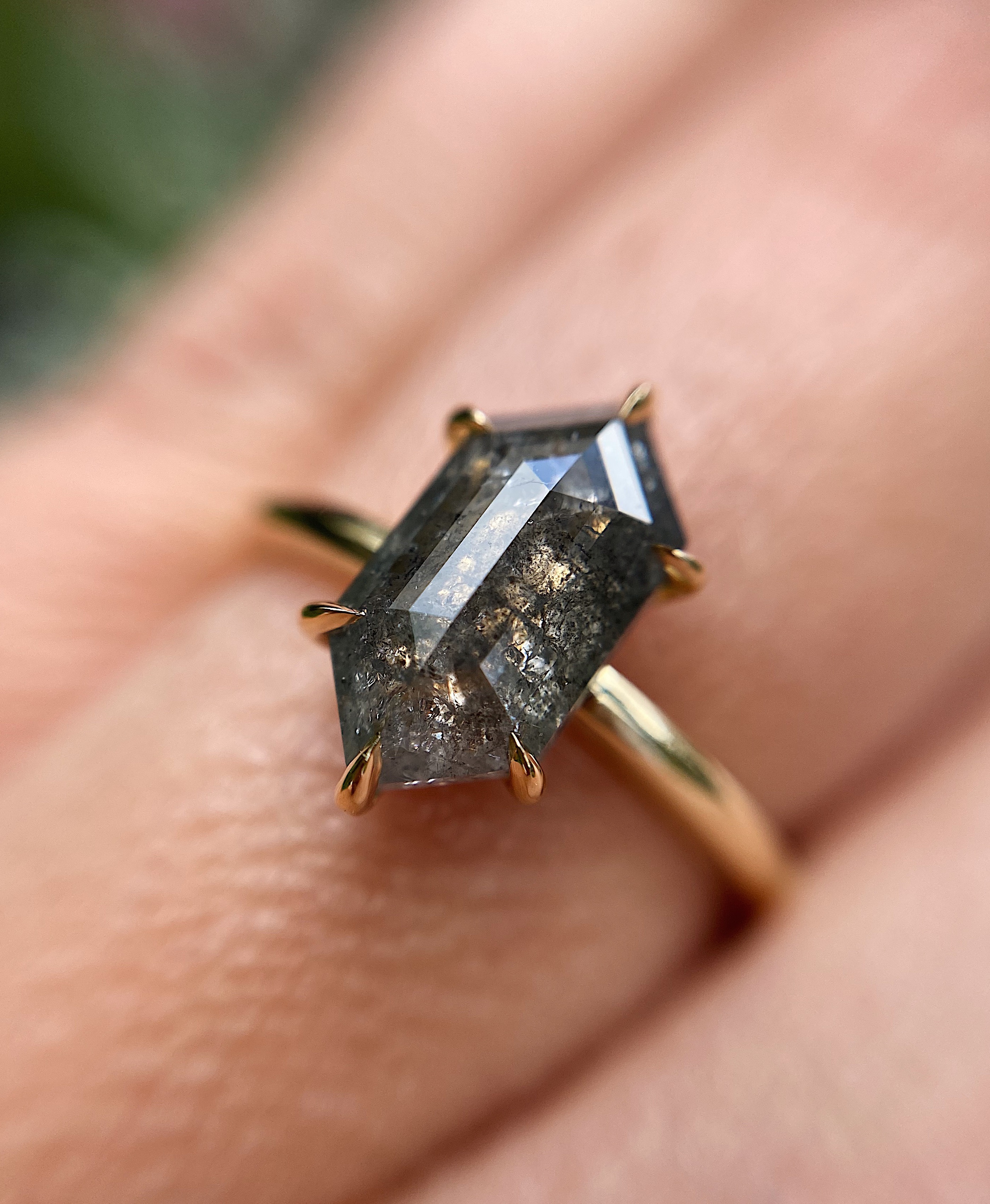 18ct yellow gold elongated hexagon salt and pepper diamond ring Baroque Bespoke Jewellery