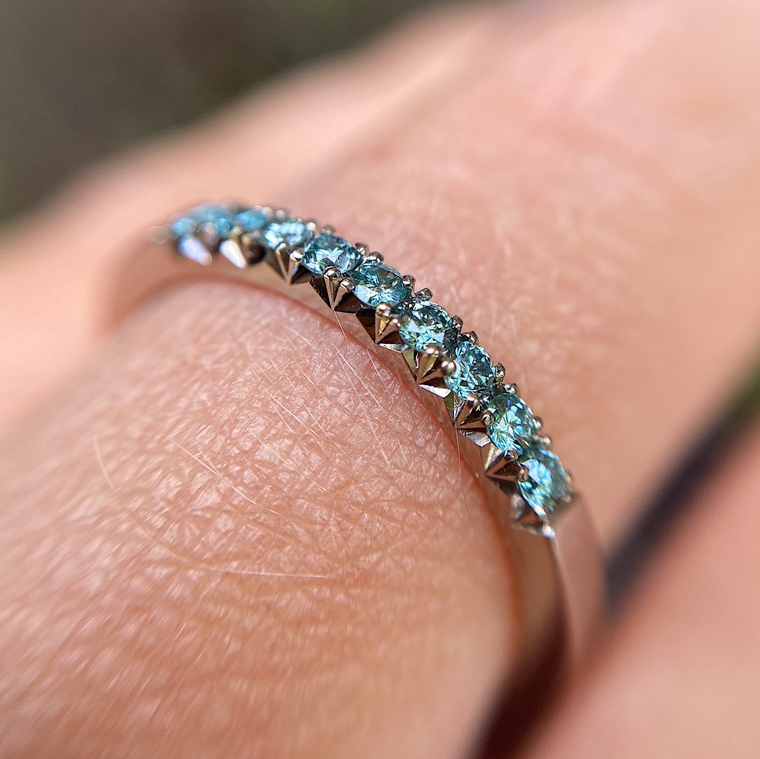 18ct White Gold Eternity ring with Blue Diamonds Baroque Bespoke Jewellery