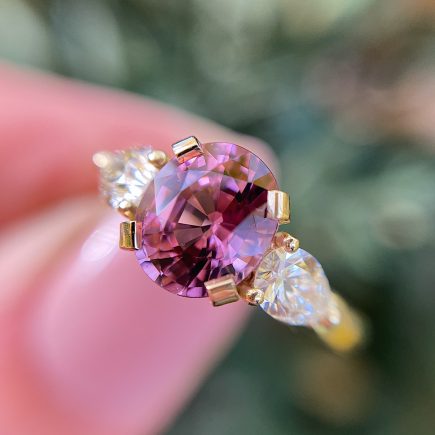 18ct yellow gold dusky pink Spinel and yellow Diamond Coco Trilogy ring
