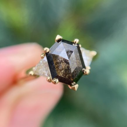 18ct yellow gold and elongated hexagon rose-cut diamond trilogy ring