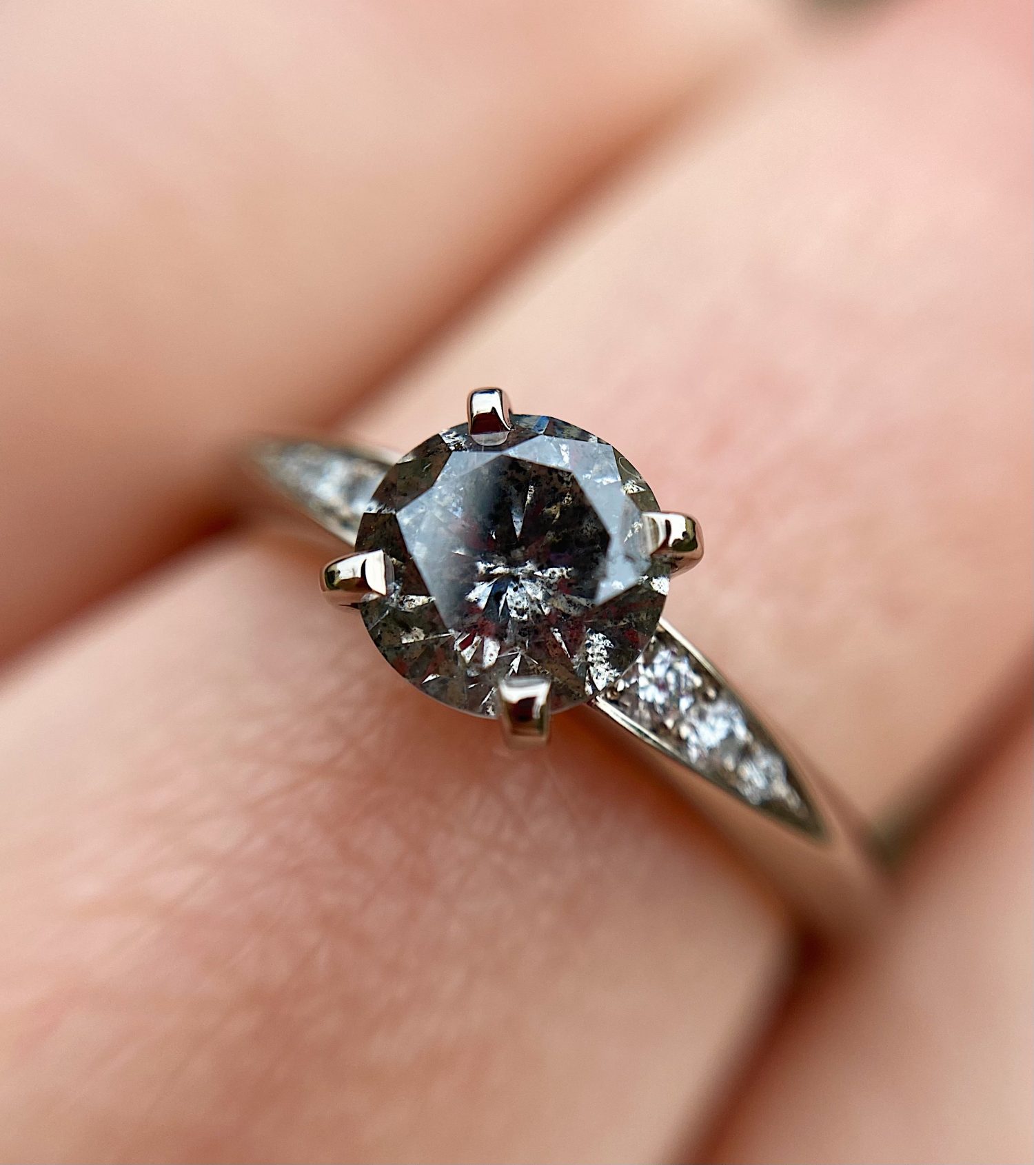18ct White Gold 1ct Salt and Pepper Diamond Coco Engagement Ring Baroque Bespoke Jewellery