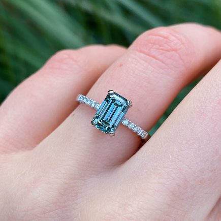 Platinum and Emerald-cut Teal Diamond Ring