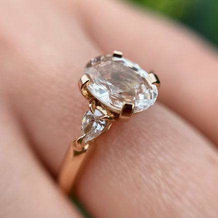 18ct Rose Gold Trilogy Ring with Pale Pink Sapphire and White Diamonds